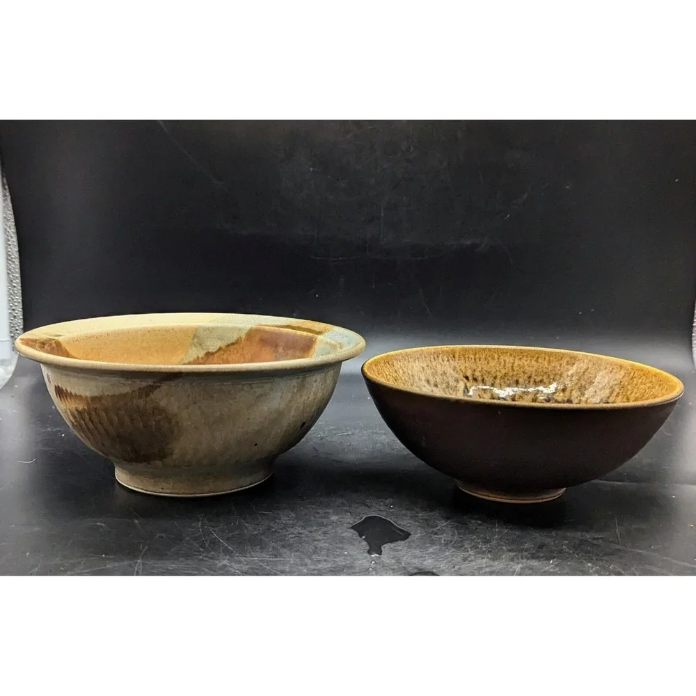 Lot/2 Vintage Studio Art Pottery Ceramic Bowls Brown Beige Signed 7* 7.75